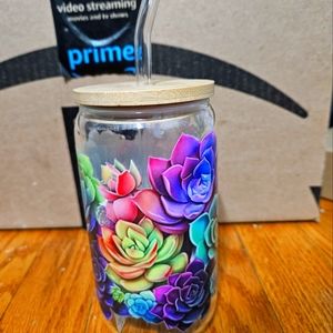 Glass cup with bamboo lid and glass straw